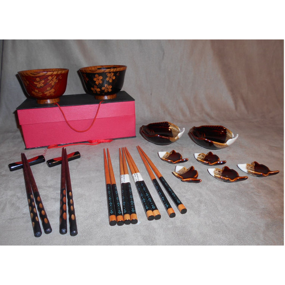 Japanese/Asian Dinnerware: Wood Bowls, Chopsticks & Rests, Ceramic Plates - Picture 2 of 16